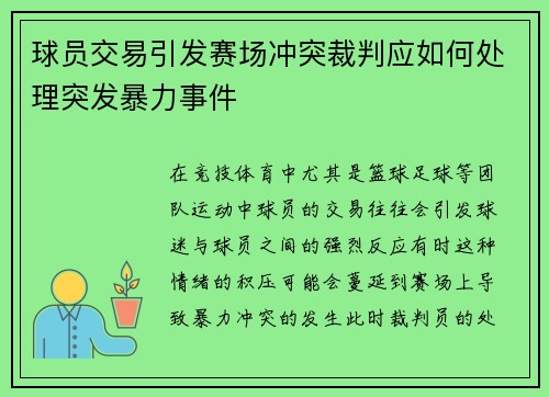 球员交易引发赛场冲突裁判应如何处理突发暴力事件