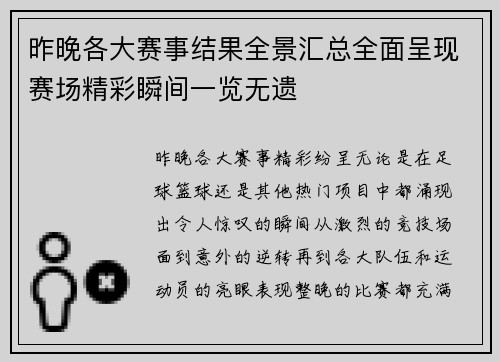 昨晚各大赛事结果全景汇总全面呈现赛场精彩瞬间一览无遗